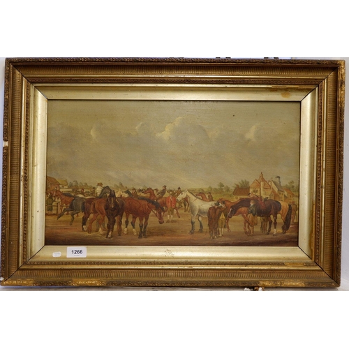 1266 - A 19th century naive Irish oil on canvas Donegal Horse Fair, 28 x 49 cm