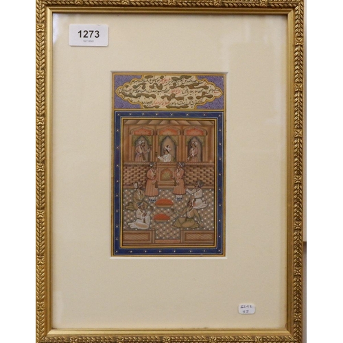 1273 - An Indian Mughal style water colour painting, interior scene with seated dignitaries