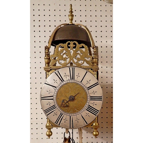 1275 - A  20th century Thomas Moore of Ipswich 'hook & spike' brass lantern style clock with engraved dial,... 