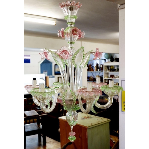 1279 - A large and decorative Murano glass chandelier with pink flowers and green foliage, 90cm drop approx... 