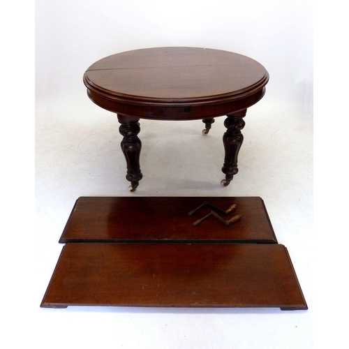 1289 - A Victorian mahogany oval dining table with two interleaves on carved supports and castors, approx. ... 