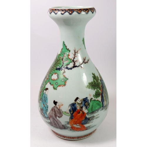 142 - A Chinese famille verte vase decorated figures in a landscape, 30cm