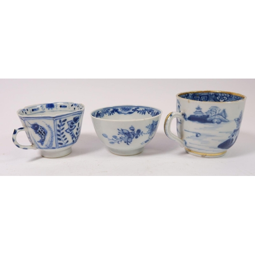 143 - A Chinese late Qing teacup with character mark to base, a mid Qing tea bowl and saucer, another sauc... 