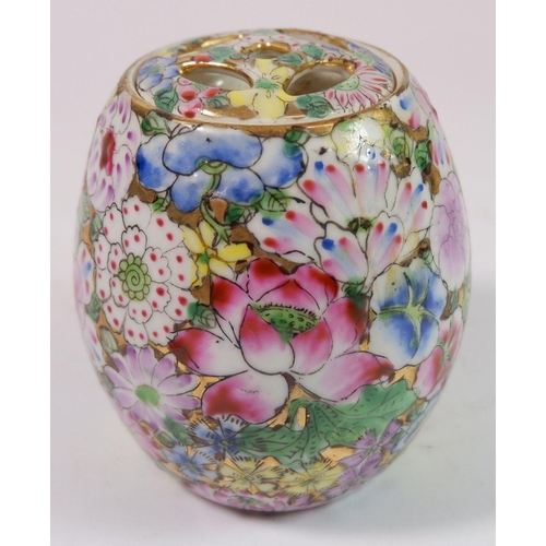 151 - A small Chinese Canton floral vase and cover and a large circular serving bowl printed fruit, 26cm d... 