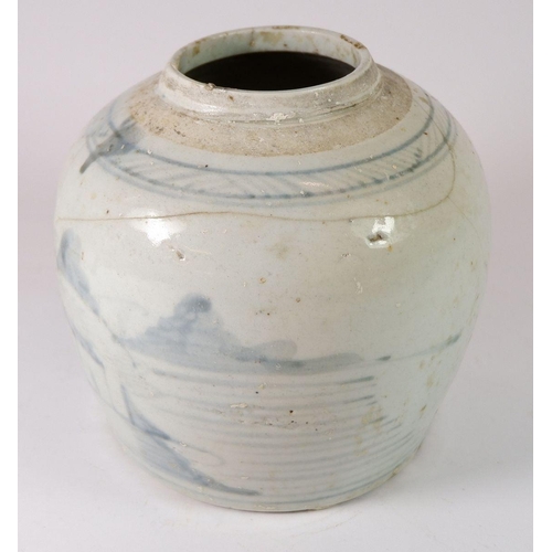 152 - An 18th century Chinese blue and white provincial ginger jar, no lid, a/f