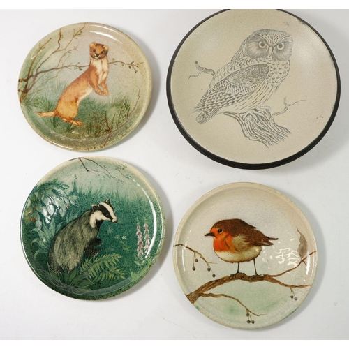 184 - Ten Graves Pottery small plates painted wildlife, 18cm diameter and an owl bowl