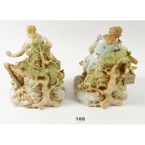 188 - A pair of 19th century Volkstedt porcelain figures of man with a bird cage and companion with chicke... 