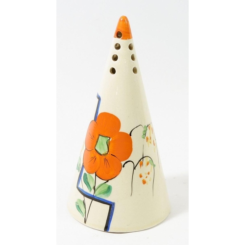 191 - A 1930's Wilkinson Honeyglaze conical form sugar sifter with hand painted floral design in the style... 