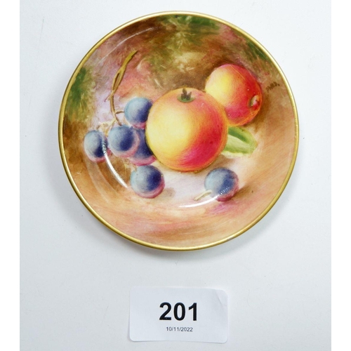 201 - A Royal Worcester small pin dish painted fruit by P Wild, 8.5cm diameter 1954