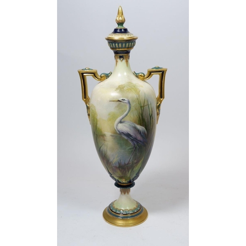 203 - A James Hadley Worcester two handled vase and cover painted heron, 29cm, lid a/f