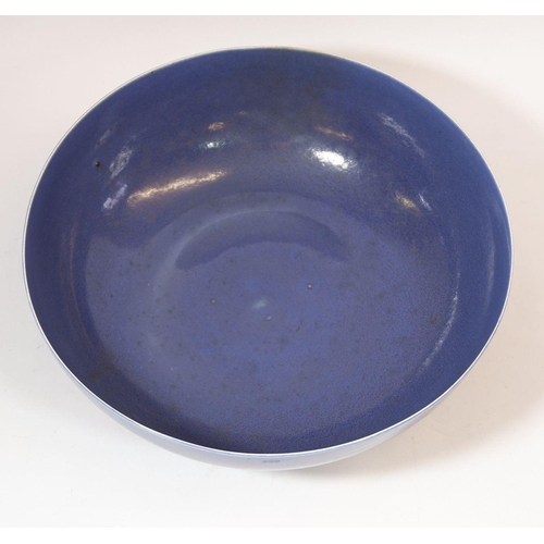 209 - An early Ruskin blue glazed large fruit bowl with scissor mark, 29 cm (with Albert E Wade collection... 