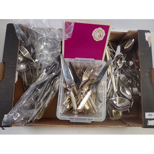 263 - A large box of various silver plated and other cutlery some boxed including Viners, Mappin and Webb,... 