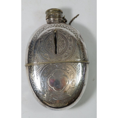 277 - A Victorian silver plated large oval hip flask with engraved decoration, 16.5cm, chain a/f