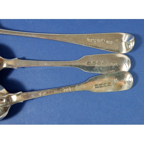 287 - A Georgian silver tablespoon London 1813, a dessert spoon London 1822 and another London 1842, 139 g... 