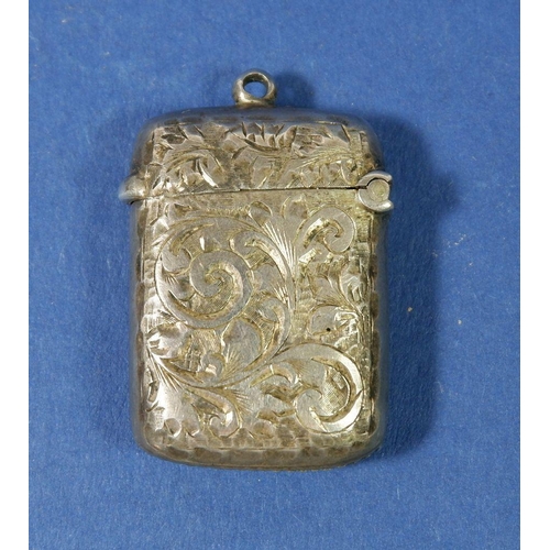 291 - A silver engraved vesta case, 3.3 x 2.2cm, 10g, Birmingham 1902 by S & A