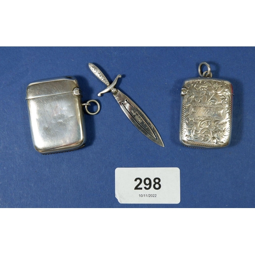 298 - Two silver vesta cases Birmingham 1886 and 1912, and a dagger form bookmark Birmingham 1922, 40g