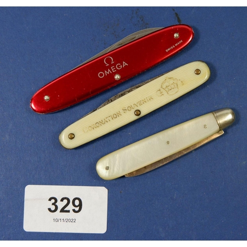 329 - An Omega penknife, a Coronation penknife and a silver and mother of pearl penknife