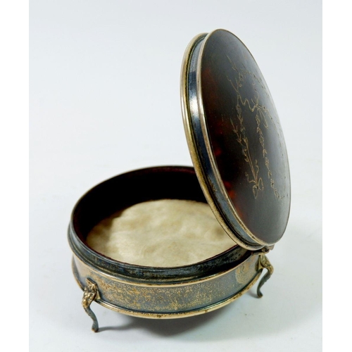 382 - A silver and tortoiseshell circular trinket box with swag and ribbon inlay, 9cm diameter, Birmingham... 