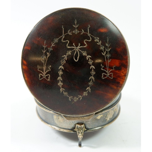 382 - A silver and tortoiseshell circular trinket box with swag and ribbon inlay, 9cm diameter, Birmingham... 