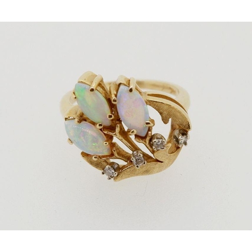 436 - A 14k gold vintage style spray ring set three opals and four small diamonds, 5g, size L