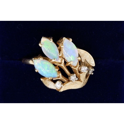 436 - A 14k gold vintage style spray ring set three opals and four small diamonds, 5g, size L