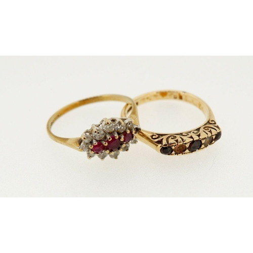 439 - A 9 carat gold ruby and white stone oval cluster ring and a 9 carat gold sapphire and diamond ring (... 