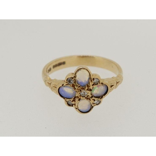 475 - An Edwardian 9 carat gold flower form cluster ring set opals and diamonds, 2.7g, size L