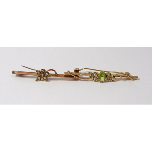 501 - An Edwardian bar brooch set peridot and seed pearls and a 9ct gold seed pearl bar brooch