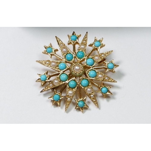 531 - A 9 carat gold star form brooch set turquoise and seed pearls, 7.5g, 3cm diameter