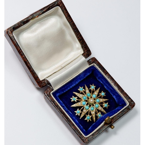 531 - A 9 carat gold star form brooch set turquoise and seed pearls, 7.5g, 3cm diameter