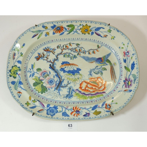 63 - A 19th century Davenport meat plate decorated bird and flowers, 35 x 28cm