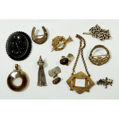 649 - A box of antique costume jewellery etc including Scottish silver brooch, silver horseshoe brooch, je... 