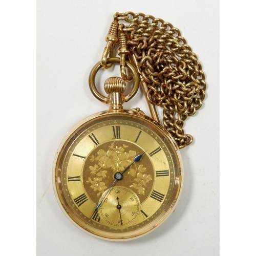 651 - A Victorian 14 carat gold pocket watch with engraved face on rolled gold fob chain