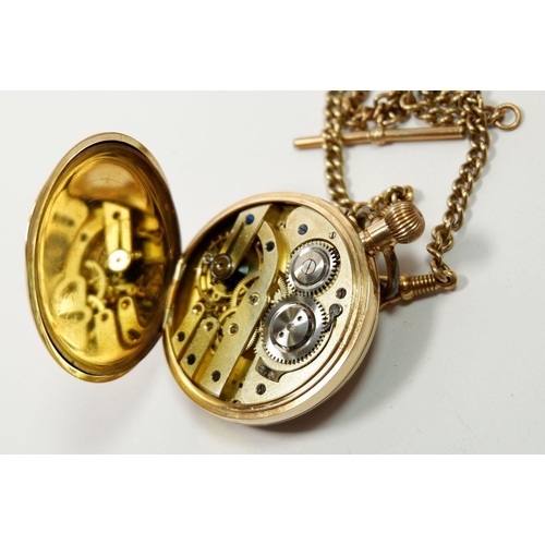 651 - A Victorian 14 carat gold pocket watch with engraved face on rolled gold fob chain