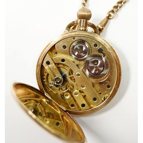 651 - A Victorian 14 carat gold pocket watch with engraved face on rolled gold fob chain