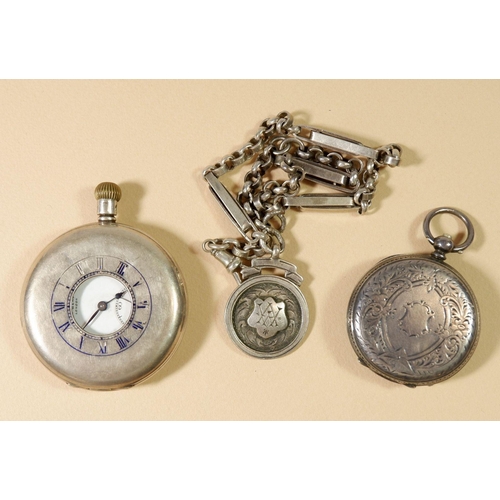 674 - A J W Benson half hunter pocket watch, cased and a 935 silver watch case and white metal fob chain