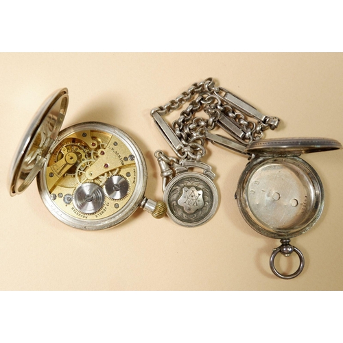 674 - A J W Benson half hunter pocket watch, cased and a 935 silver watch case and white metal fob chain