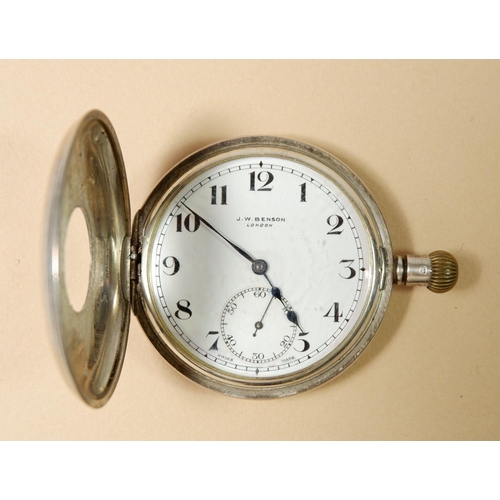 674 - A J W Benson half hunter pocket watch, cased and a 935 silver watch case and white metal fob chain