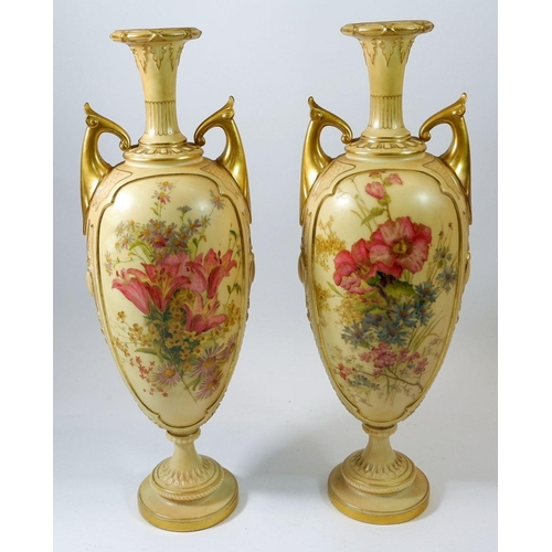 68 - A pair of Royal Worcester large ivory blush vases painted flowers, one a/f - 38cm