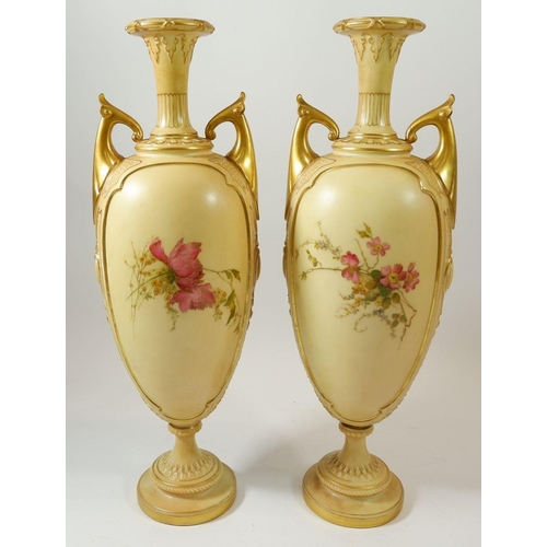 68 - A pair of Royal Worcester large ivory blush vases painted flowers, one a/f - 38cm