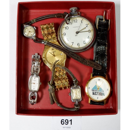 691 - An Ingersoll vintage pocket watch and three ladies watches plus a Dilonger gold plated watch and a p... 