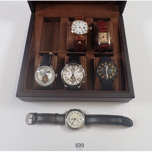 699 - A collection of six watches by various makers including Di Bacarri, Ingersoll, Lifemax, Poliot, Mosc... 