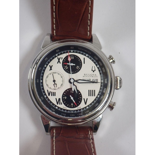 704 - A gentleman’s stainless steel Bulova Accutron wrist watch with automatic movement to a brown leather... 