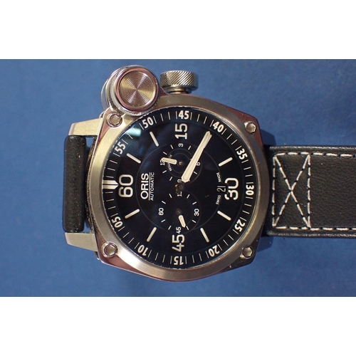 706 - A gentleman’s stainless steel Oris De Meisterflieger wrist watch on a black leather strap with makes... 