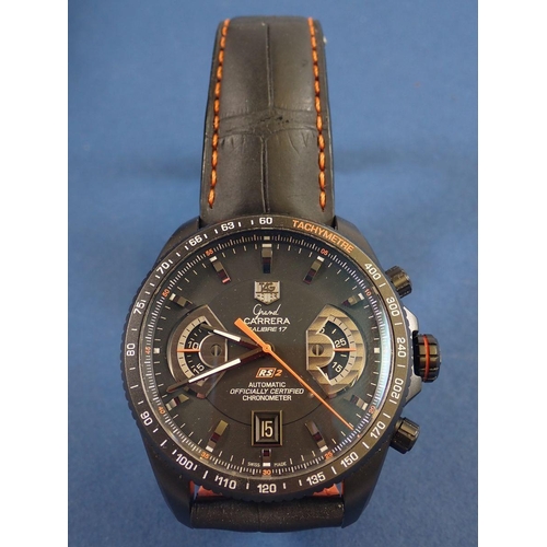 708 - A gentleman’s blackened steel Tag Grand Carrera wrist watch with automatic movement on a black strap... 