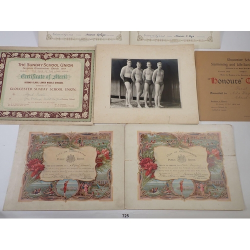 725 - A collection of early 20th century swimming certificates attributed to Alfred Baxter and Ada Wagstaf... 