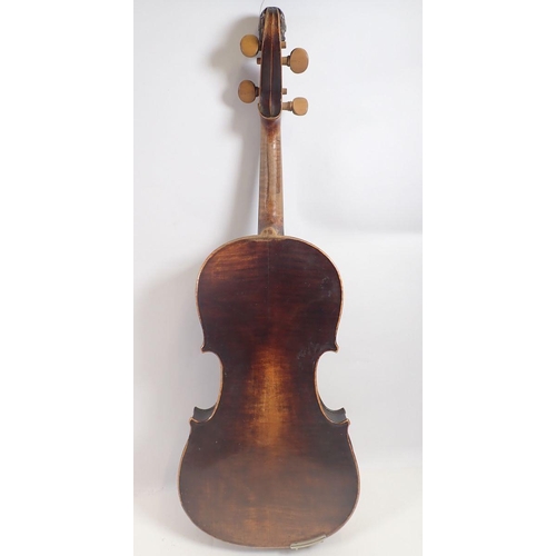 787 - An antique violin with lion head scroll and two bows, in case - no label, 14