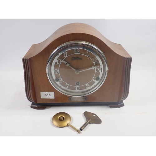 806 - A 1950's Bentima Westminster chime mantle clock with key and pendulum