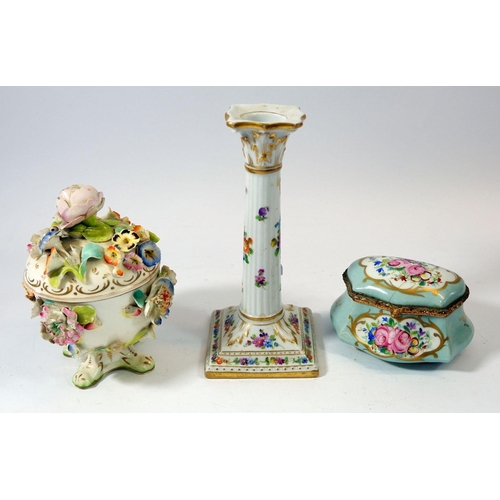 82 - A Dresden porcelain candlestick painted flowers, a floral encrusted pot and cover and a porcelain bo... 