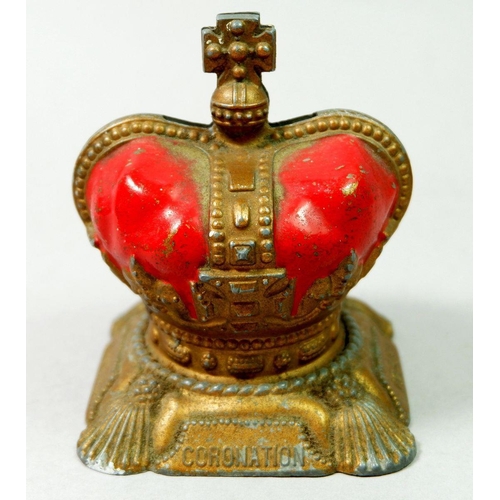 828 - A 1953 Queen Elizabeth Coronation crown form painted metal money box, 9cm tall